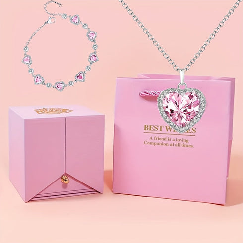 Rose gift box, heart bracelet necklace two-piece set gift for her